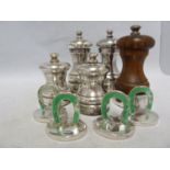 Five silver pepper grinders, various dates and makers - modern; and four green enamelled silver menu