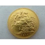 A gold Sovereign coin, dated 1917, 7.98grms approx