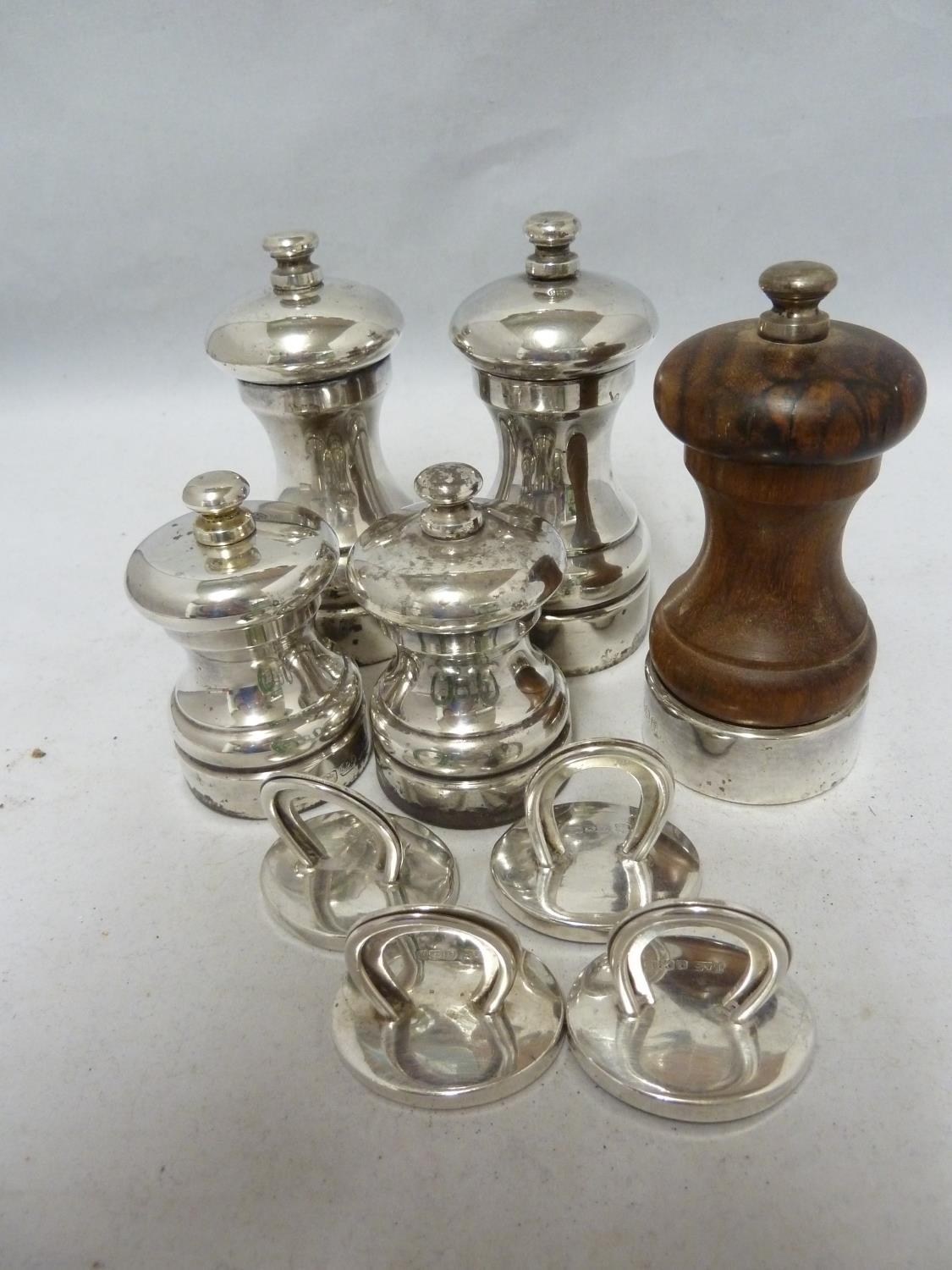 Five silver pepper grinders, various dates and makers - modern; and four green enamelled silver menu - Image 2 of 15