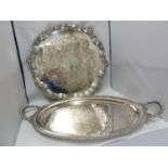 A large silver plated two handled tray, of oval shape, 58cm max diam approx; and one large