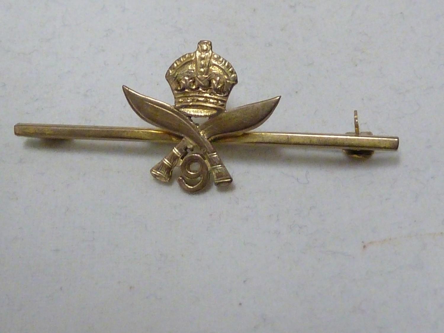 9th Gurkha Rifles Regiment Interest, a 9ct yellow gold sweetheart bar brooch, stamped 9C and