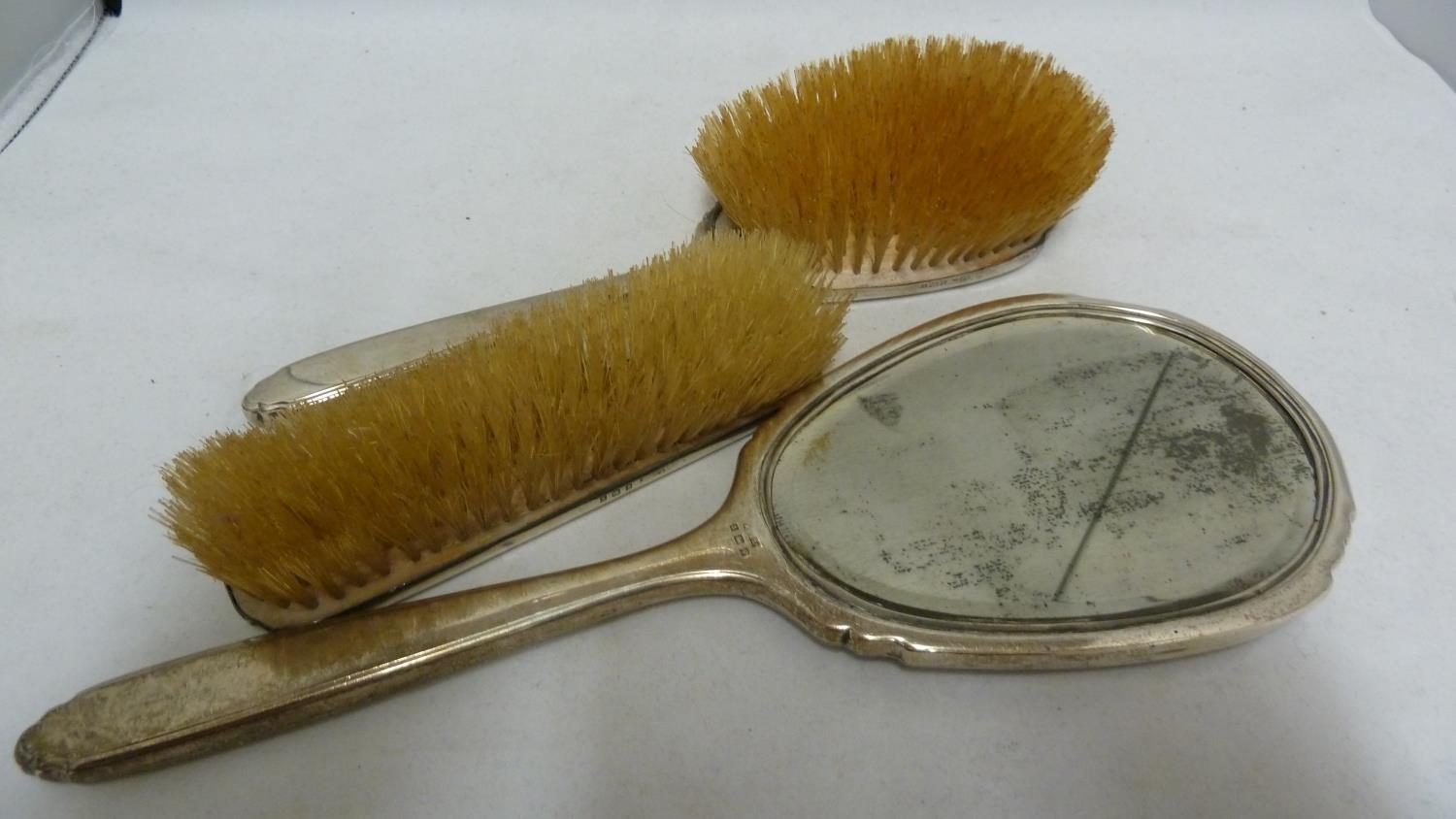 A silver mounted dressing table set, engine turned decoration within a tooled foliate band, - Image 2 of 5