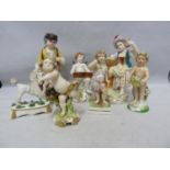 Seven continental porcelain figures, including a Derby style putto; and a Staffordshire type