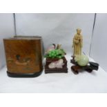 A Chinese soapstone figure of an immortal holding a pot plant; various glass and stone models of