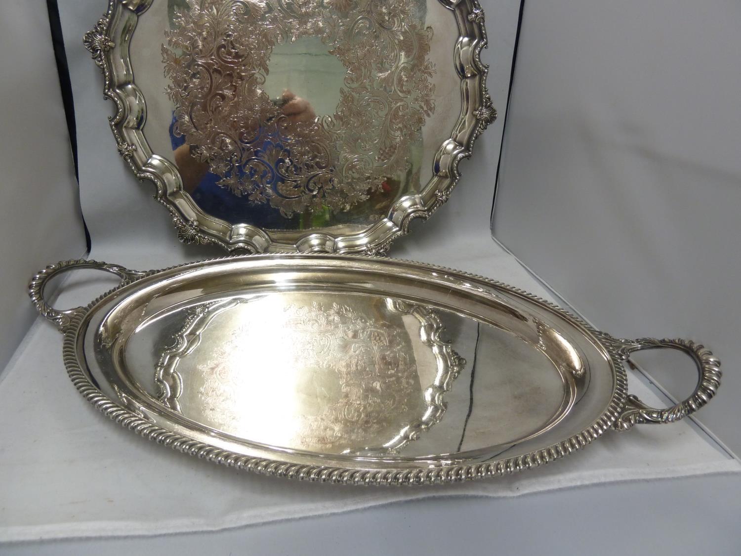 A large silver plated two handled tray, of oval shape, 58cm max diam approx; and one large - Image 2 of 10