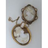 Two cameo brooches, one set in a yellow metal frame marked 9ct; and a cameo set ring, the yellow