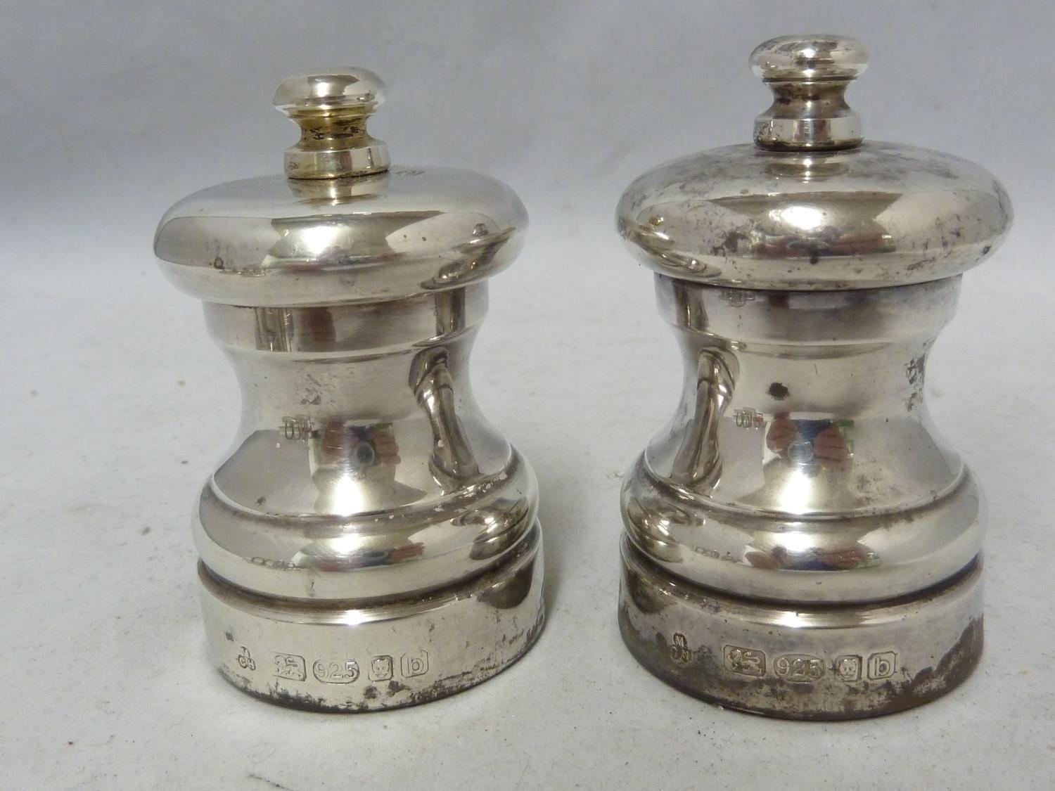 Five silver pepper grinders, various dates and makers - modern; and four green enamelled silver menu - Image 8 of 15