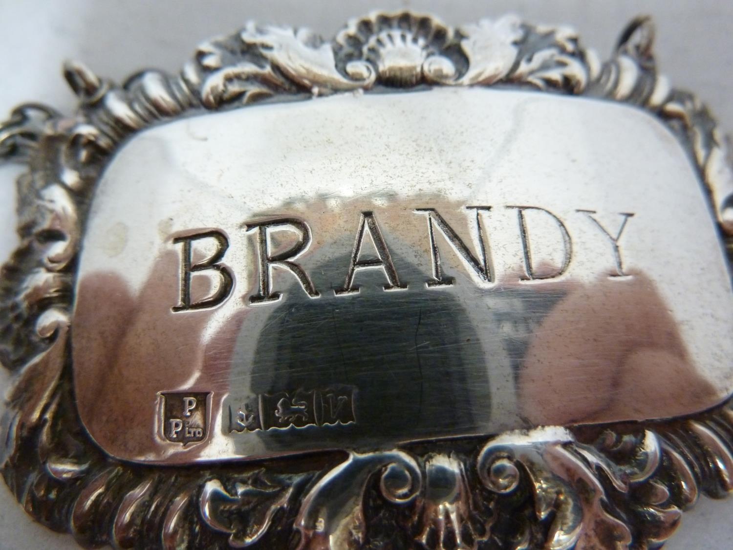 Four silver decanter labels, rectangular with shell and foliate gadrooned frames, marked BRANDY, - Image 2 of 9