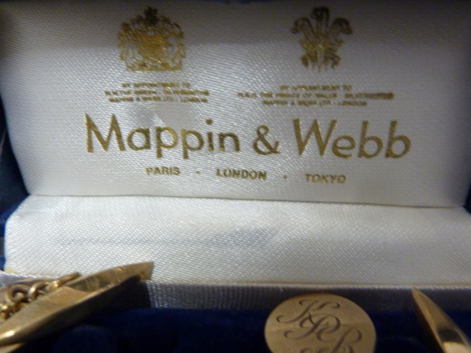 A pair of 9ct yellow gold Gentlemans cufflinks, in Mappin and Webb box, 11 grms approx; one other - Image 2 of 11