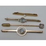 Three bar brooches, one set with a single pearl and marked 9ct; and a stick pin set with a single