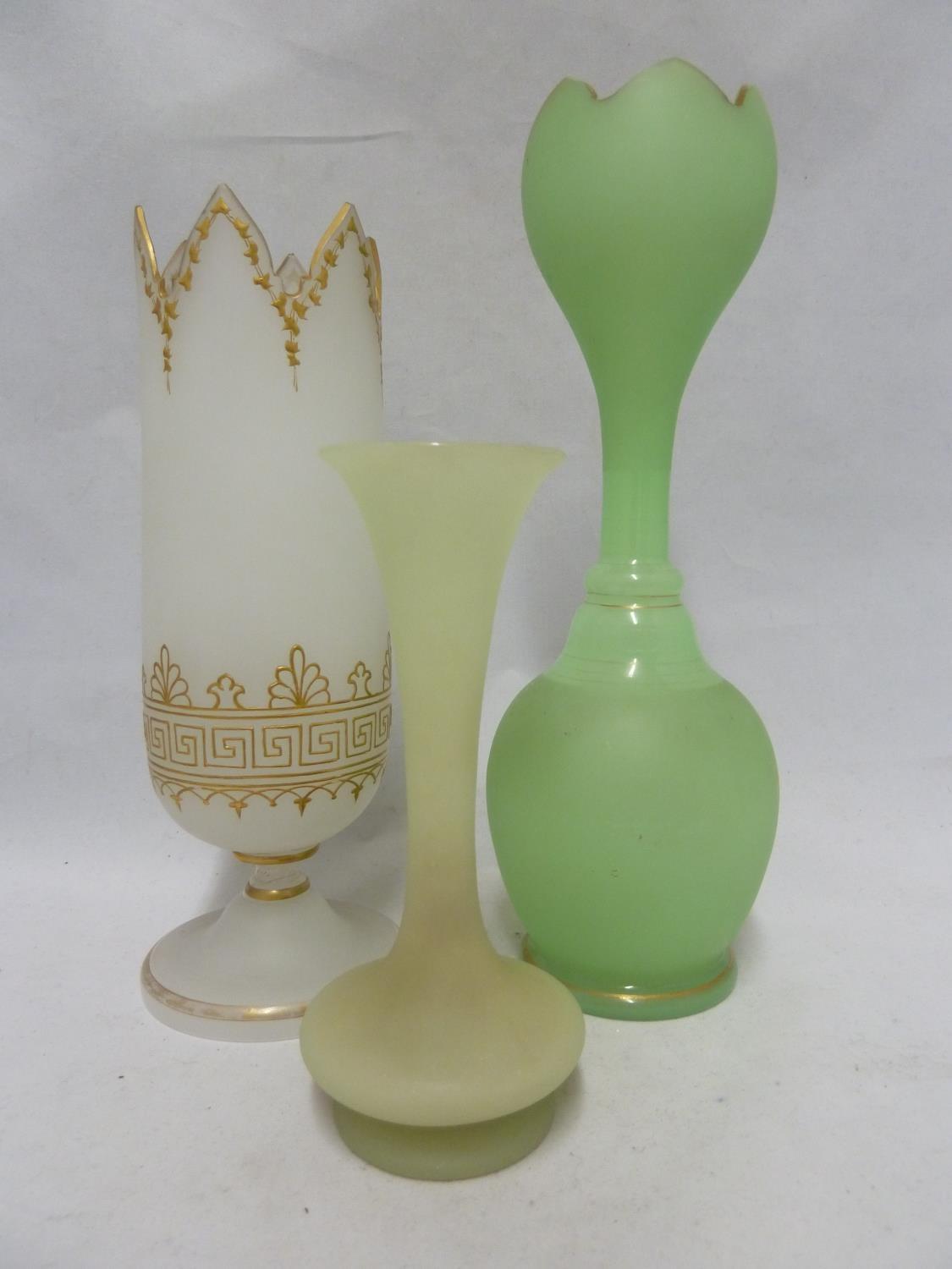 French opaline glass - three vases, comprising: a green onion form vase, for the Islamic market; a