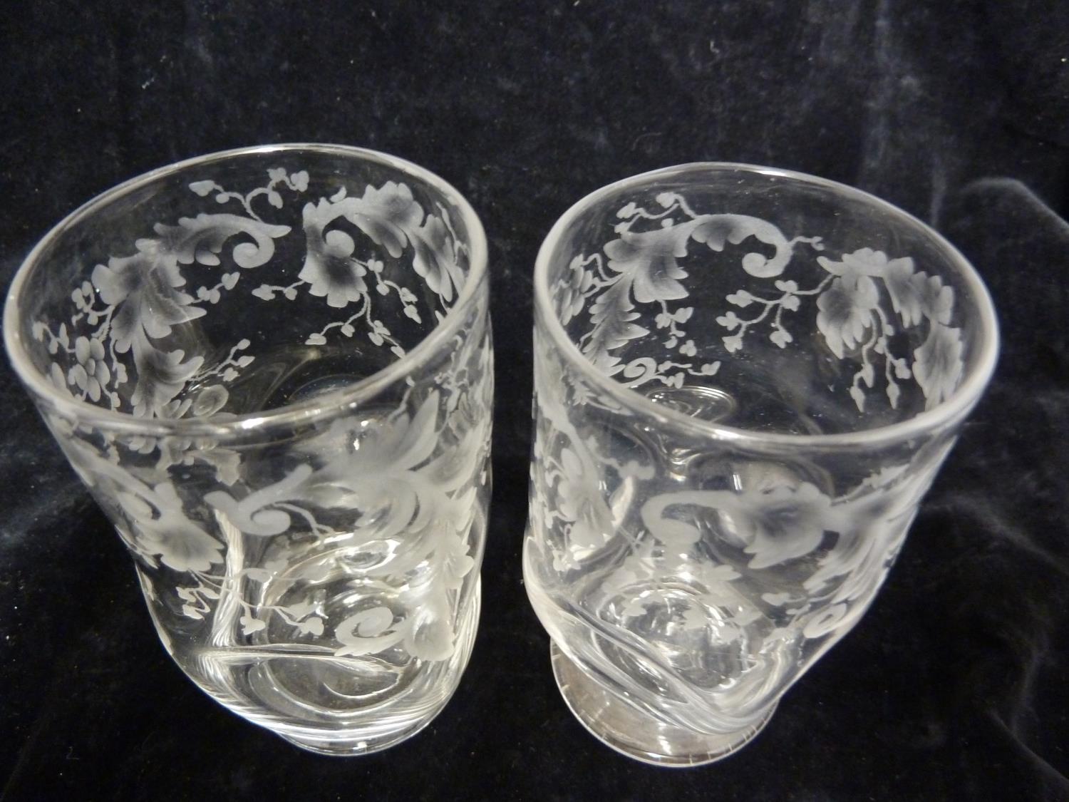 Stourbridge, England - two pairs of glass tumblers, colourless, one dimpled and engraved with - Image 4 of 9