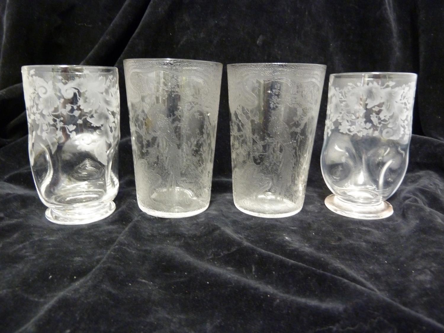 Stourbridge, England - two pairs of glass tumblers, colourless, one dimpled and engraved with