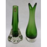 Whitefriars - two glass vases, comprising a Meadow Green elephant foot vase, No 9728, original paper