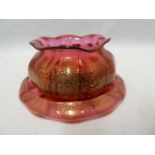 Thomas Webb - lily pad form bowl and under-dish, the ruby glass with gold aventurine striped