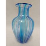 Murano Glass - a fused cane baluster vase, striped in blue and white, Italy, 16.5cm high