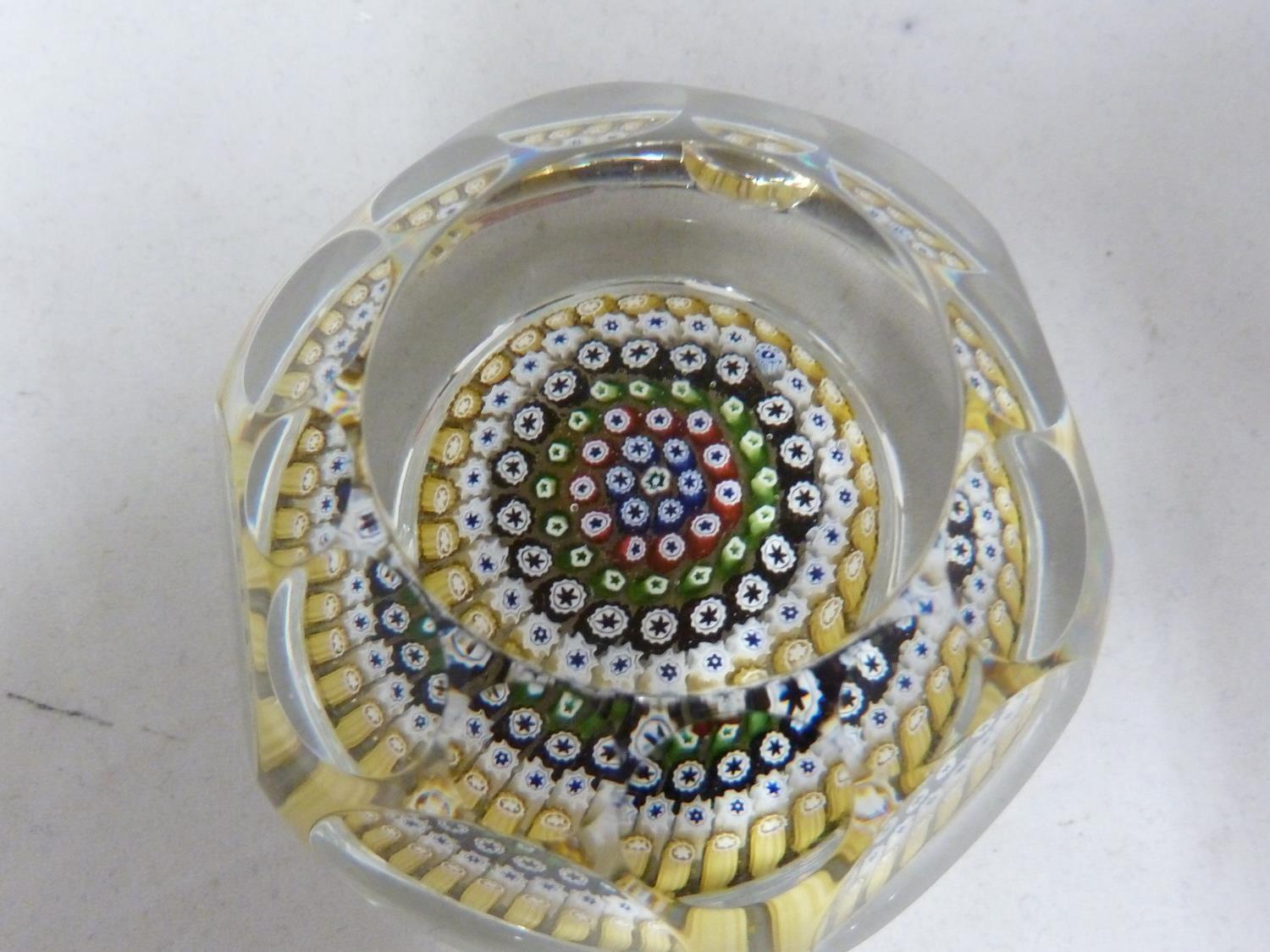 Whitefriars - a glass paperweight, concentric millifiori window cut, 1972, 7.5cm diam