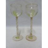Continental Glass - a pair of Jugenstil Hock wine glasses, decorated with green beaded grapes on a