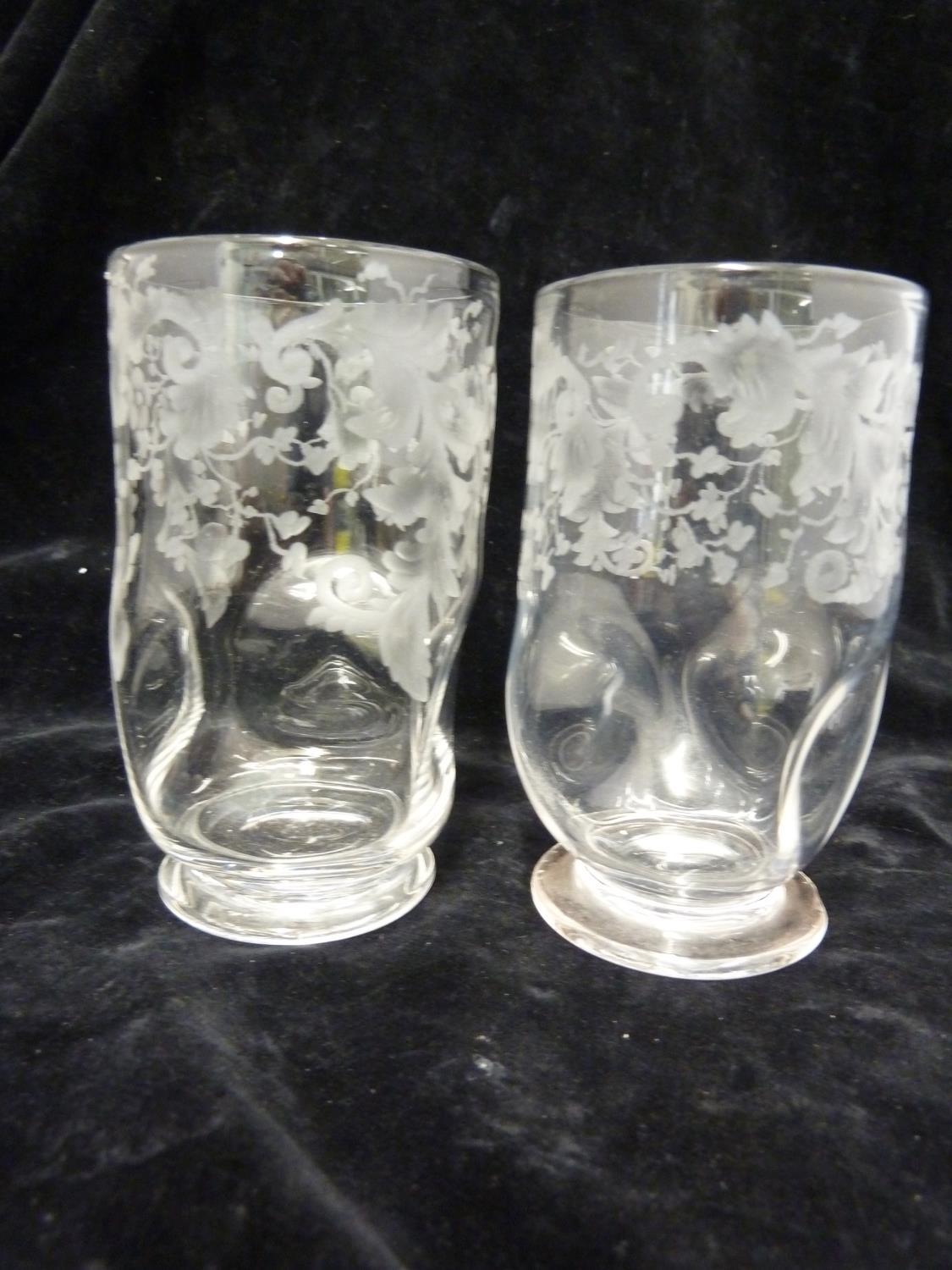 Stourbridge, England - two pairs of glass tumblers, colourless, one dimpled and engraved with - Image 2 of 9