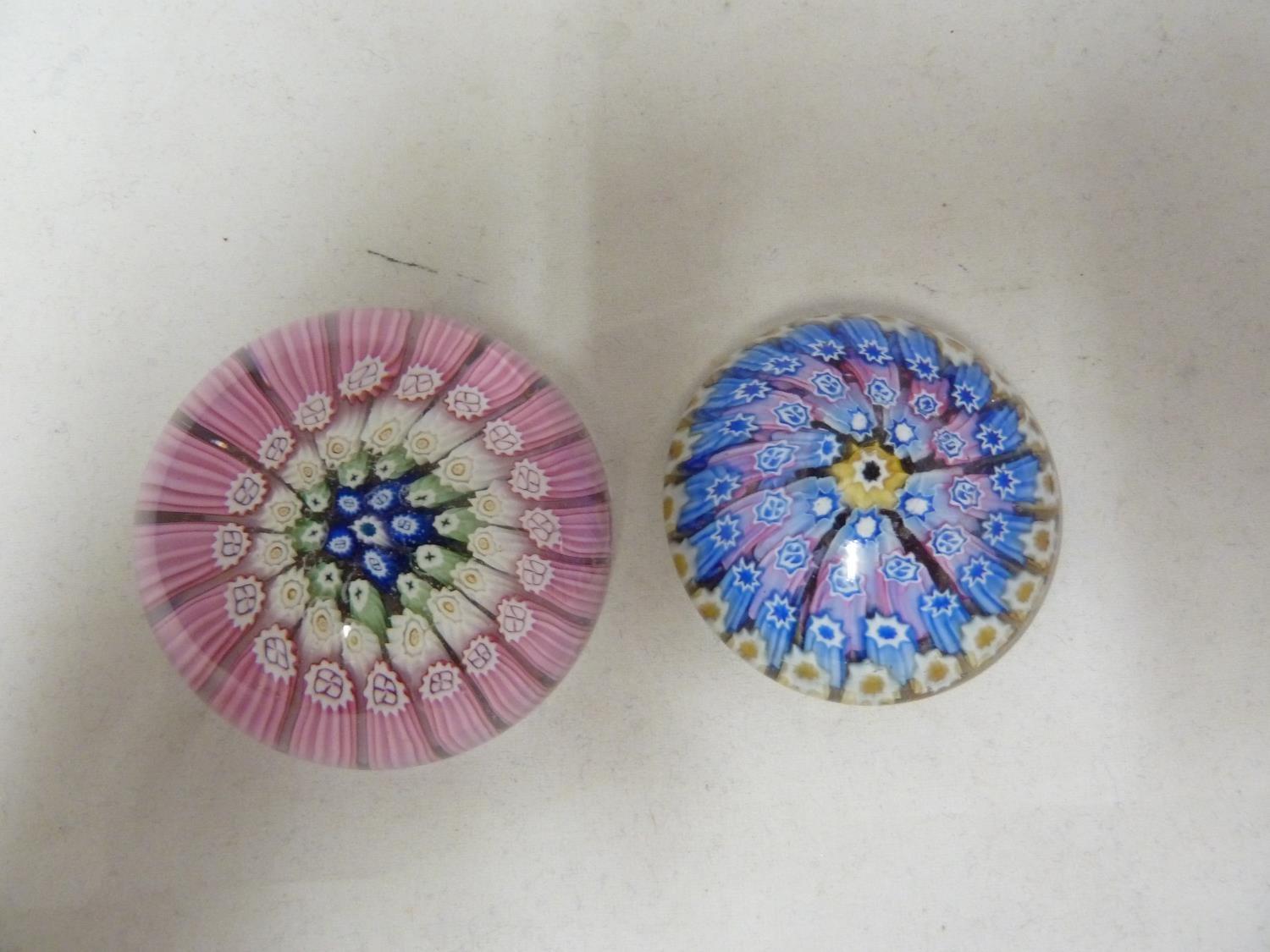 English glass - Two concentric glass millifiori paperweights, 5.5cm diam max (2)