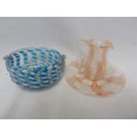 Murano - Three latticino glass items, comprising a bowl, of blue and white flattened twist fused