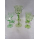 Stourbridge, England - Three pairs of uranium green glass drinking glasses, one pair with a spiral