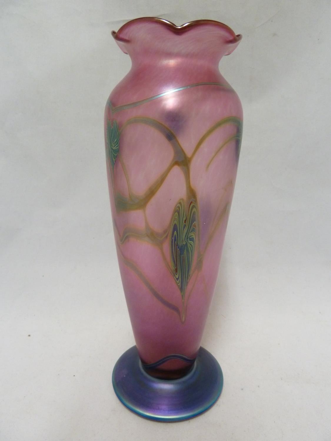 Okra - a glass vase, of pink bullet shaped body with frilled rim and circular blue glass foot, the - Image 3 of 6