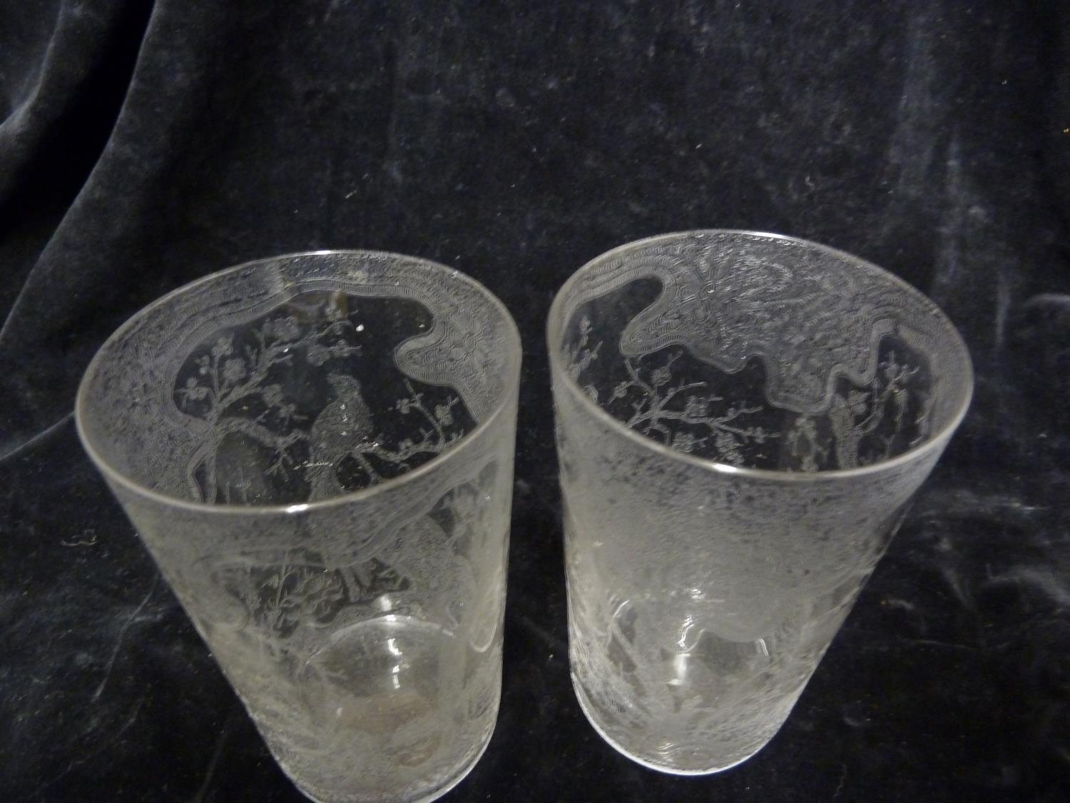 Stourbridge, England - two pairs of glass tumblers, colourless, one dimpled and engraved with - Image 8 of 9