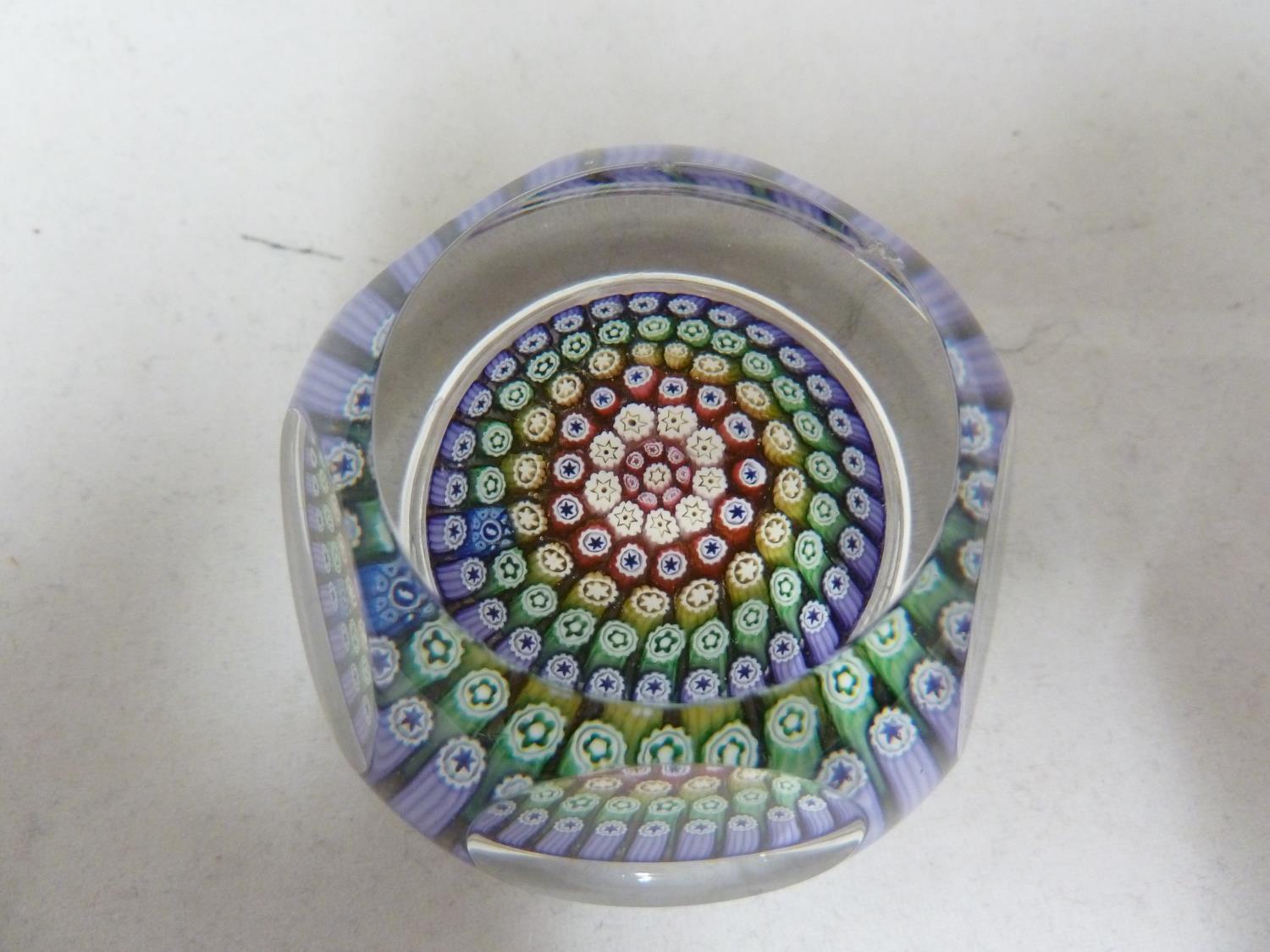 Whitefriars - a glass paperweight, concentric millifiori, window cut, 1977, 6 cm diam approx