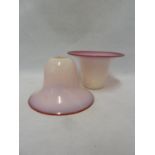 English Glass - a pair of pink and white opaline glass light shades, max diam 16 cm, aperture 2.5 cm