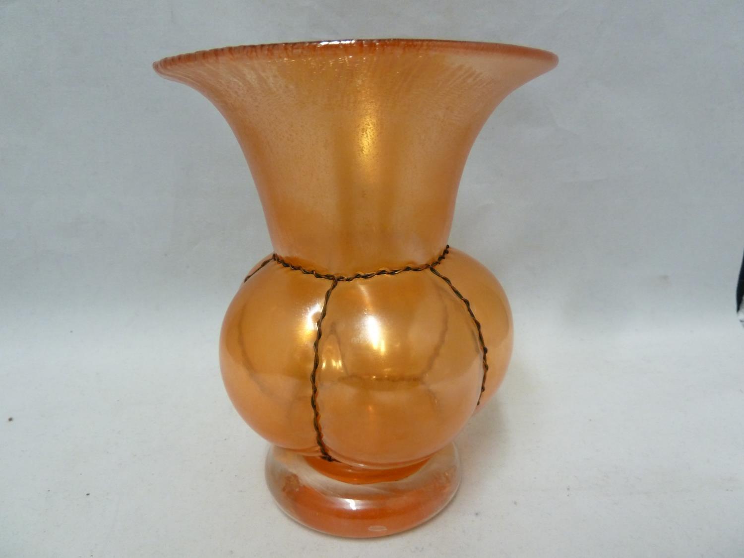 Anthony Stern - orange crackle vase of thistle form, the lobes inlaid with copper wire, hand