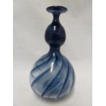 Anthony Stern, British - a double gourd shape glass vase of swirled graduated blue colours, signed