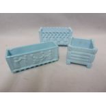 Sowerby - three turquoise blue glass flower troughs, of turquoise glass, pressed with ozier or