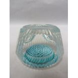Whitefriars - a glass paperweight, concentric aqua millifiori canes, dish cut, with bark effect,
