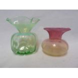 Webbs - a vasaline glass pink amber posy vase; and a uranium green glass posy vase, 9.5cm high (2)