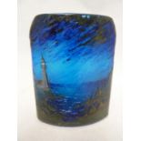 Crist - a cameo glass slab vase, cut with a lighthouse on a headland with windswept clouds, cameo