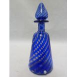 La Murrine, blue swirl perfume bottle with M cane and hand etched Le Murrine, Murano Italy, 17cm