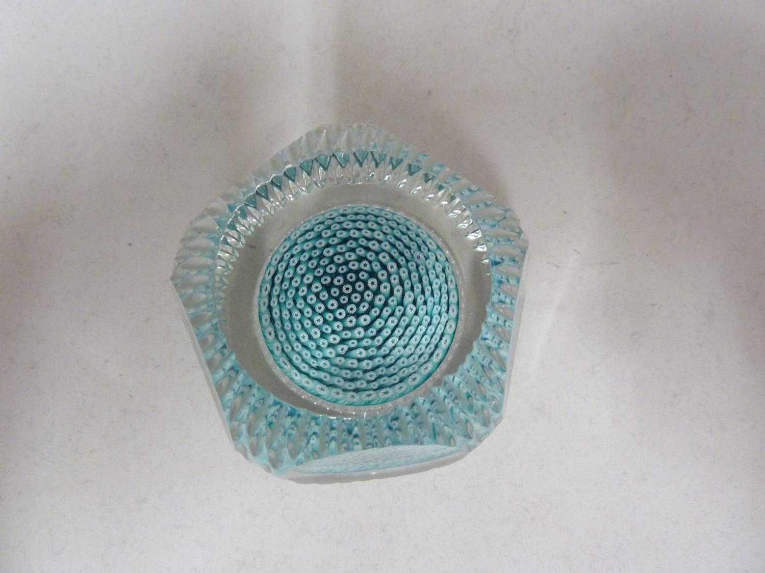 Whitefriars - a glass paperweight, concentric aqua millifiori canes, dish cut, with bark effect, - Image 6 of 6