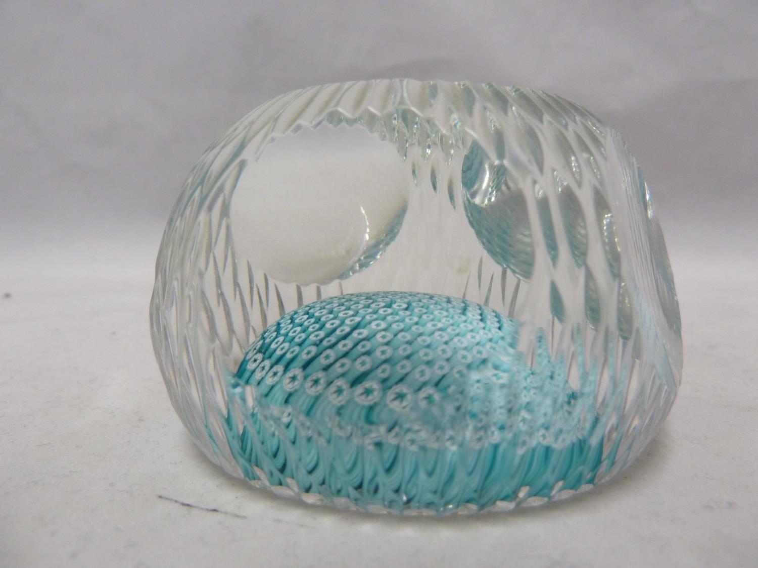 Whitefriars - a glass paperweight, concentric aqua millifiori canes, dish cut, with bark effect, - Image 5 of 6