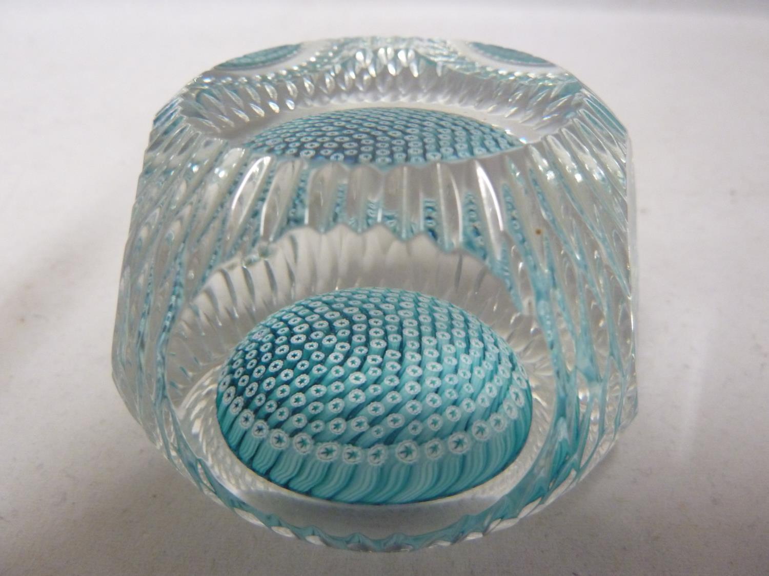 Whitefriars - a glass paperweight, concentric aqua millifiori canes, dish cut, with bark effect, - Image 2 of 6