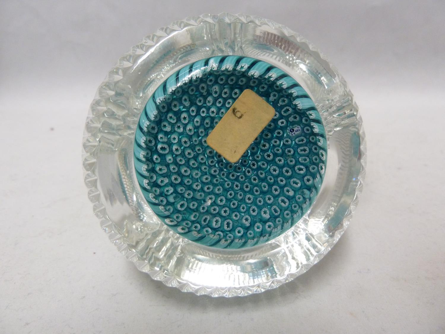 Whitefriars - a glass paperweight, concentric aqua millifiori canes, dish cut, with bark effect, - Image 4 of 6