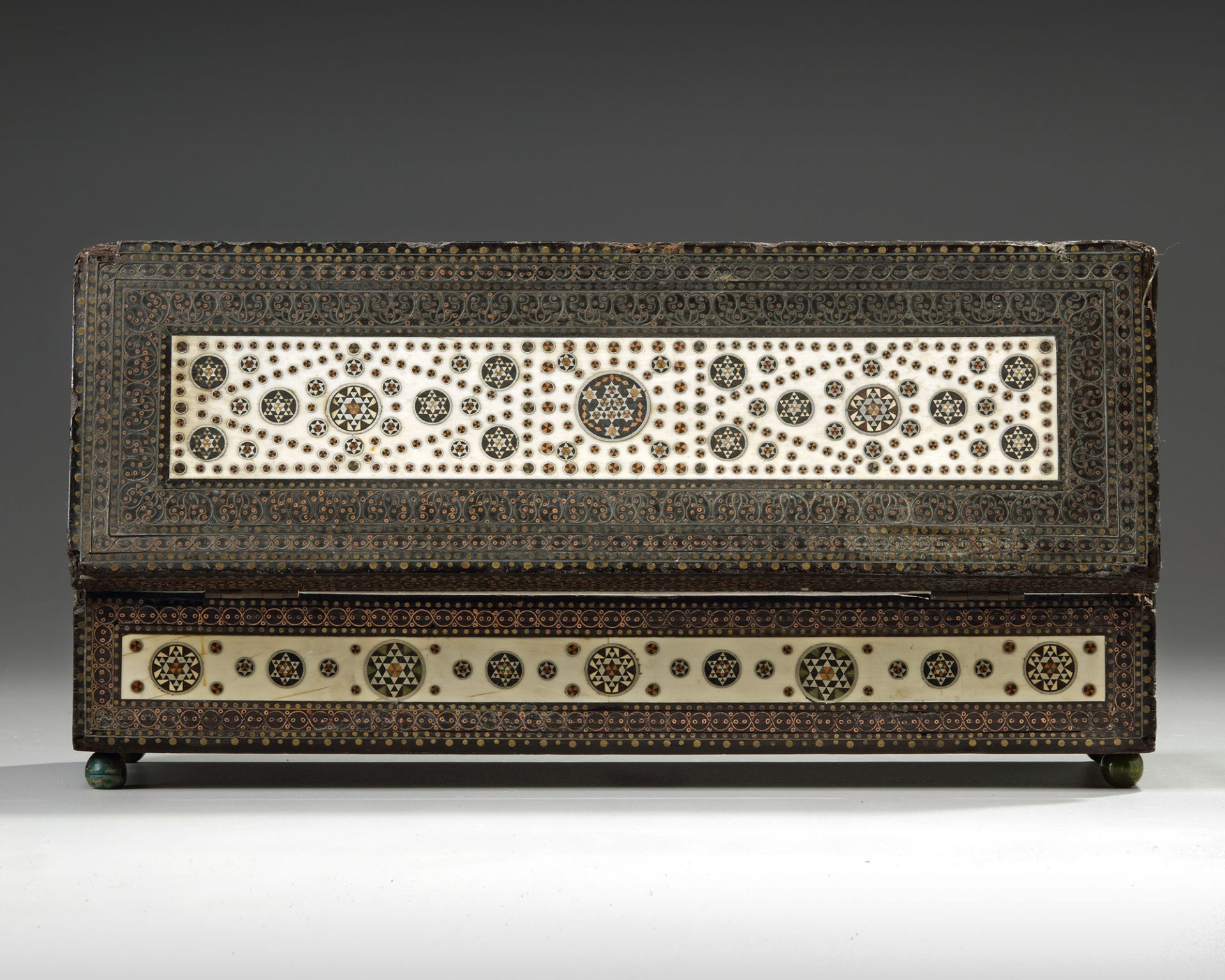 AN OTTOMAN WOODEN BONE- WITH- SILVER AND COPPER INLAID BOX - Image 2 of 3