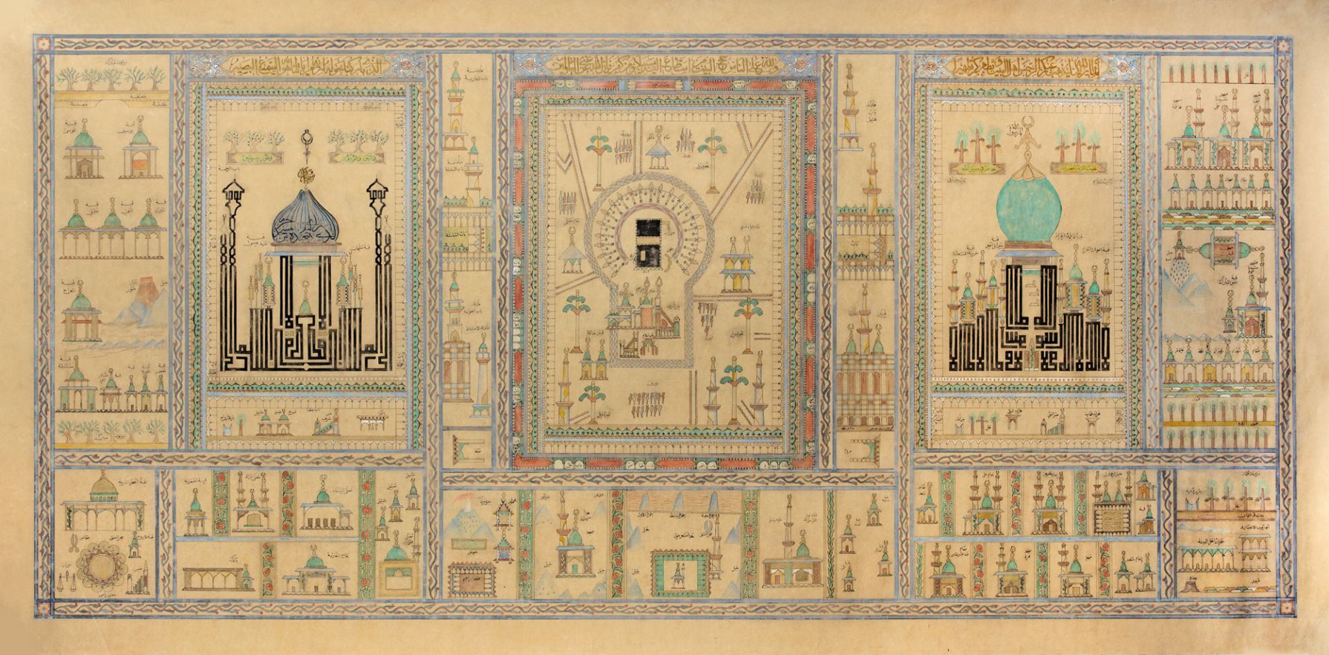 AN ISLAMIC PAINTING ON PAPER DEPICTING DIFFERENT MOSQUES