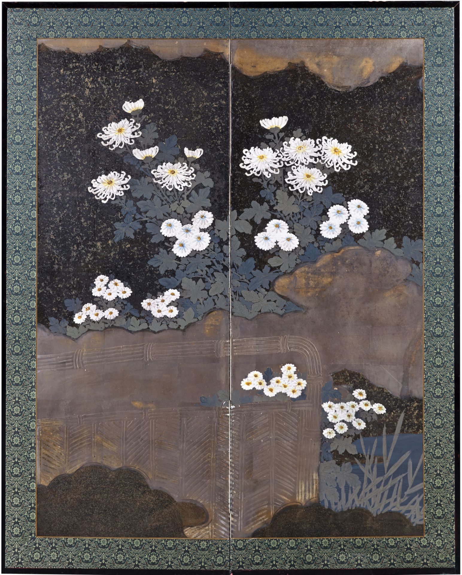 A SMALL TWO PANEL JAPANESE BYOBU-SCREEN WITH AN ANONYMOUS POLYCHROME PAINTING