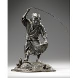 A JAPANESE BRONZE FIGURE OF A YOUNG BOY FISHING