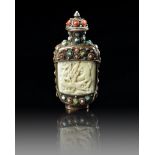 A HARDSTONE-INLAID METAL-MOUNTED CHINESE BONE SNUFF BOTTLE