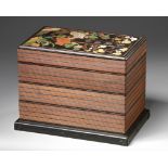 A CHINESE MOTHER-OF-PEARL AND HARDSTONE-INLAID HARDWOOD STATIONERY BOX