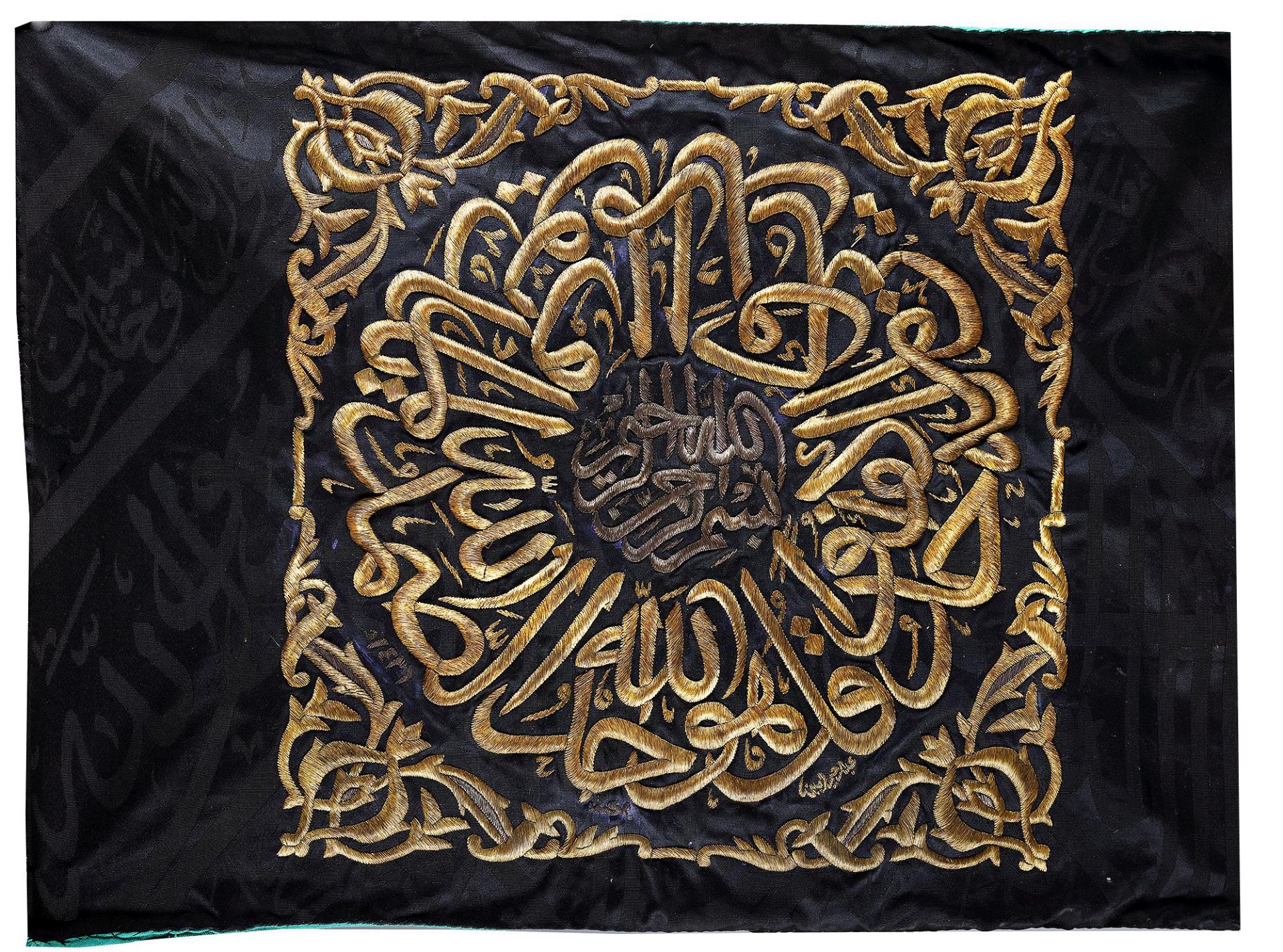 AN OTTOMAN EMBROIDERED GILT METAL THREAD TEXTILE KAABAH KISWAH