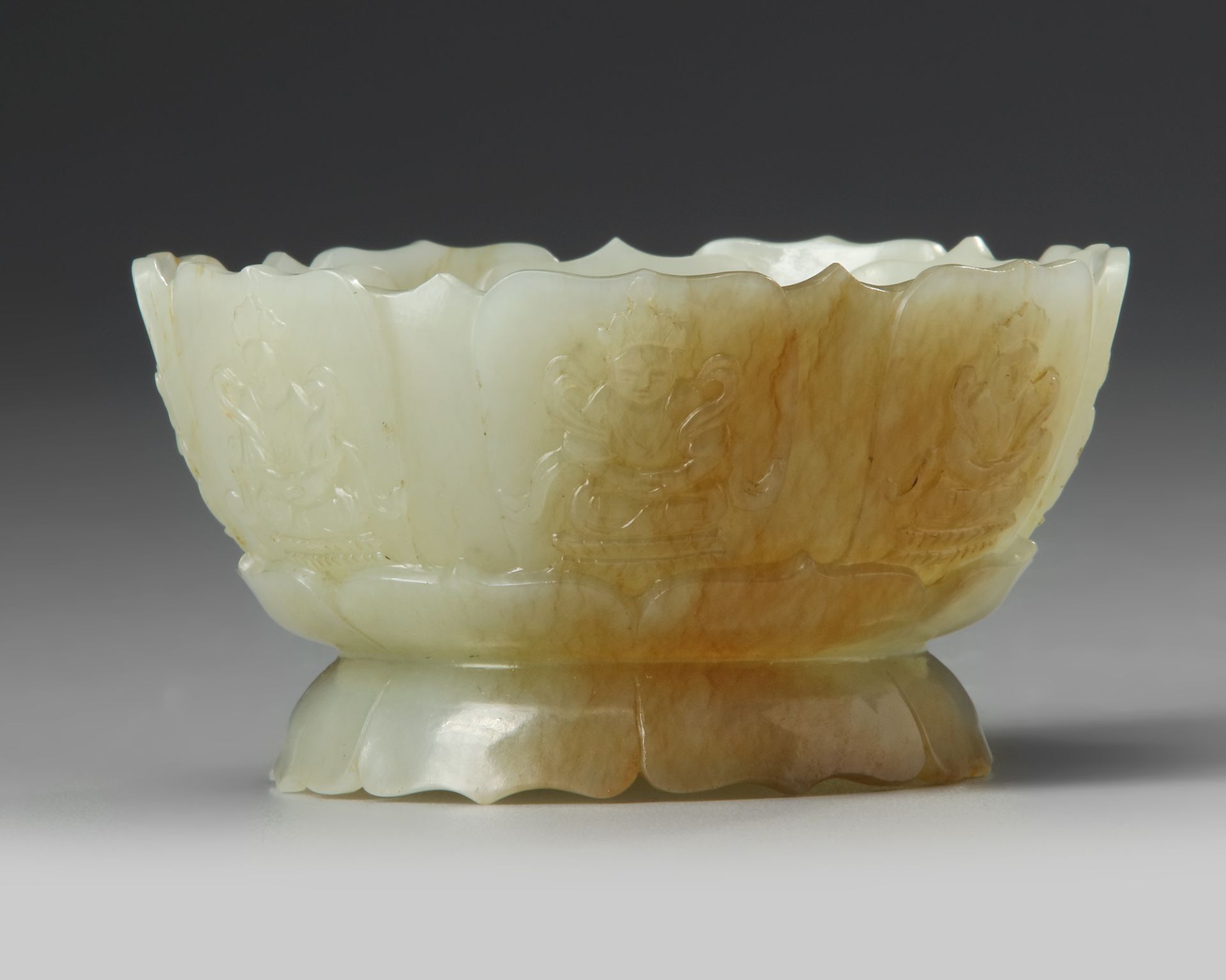 A CHINESE PALE AND RUSSET CARVED JADE 'LOTUS' CENSER - Image 3 of 4