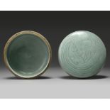 A KOREAN CELADON-GLAZED 'PHOENIX' BOX AND COVER